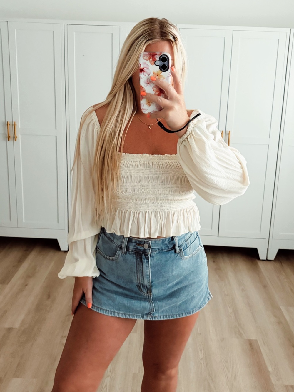 Beige Smocked Long Sleeve Crop Top